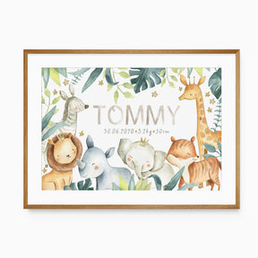Personalised jungle animal nursery print with birth stats including name, date, weight and height