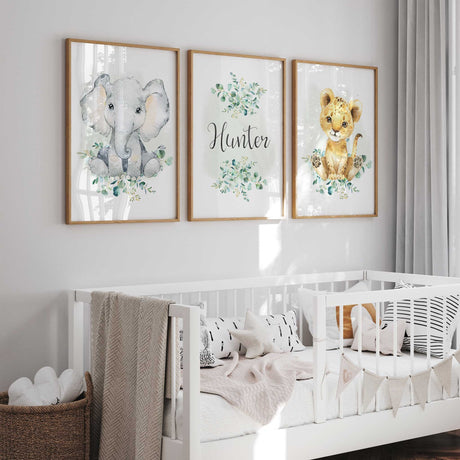 Set of 3 safari animal nursery prints featuring lion, elephant and custom name art