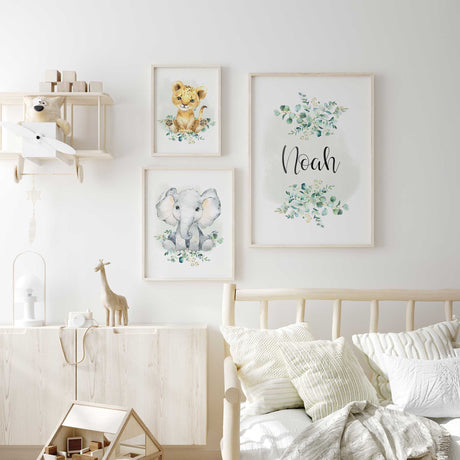 Gender-neutral safari decor wall prints for a nursery or kids’ bedroom