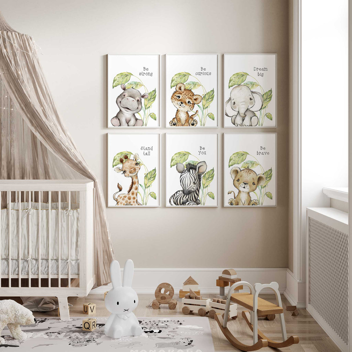 Jungle animal nursery wall art set with six watercolour animal quote prints