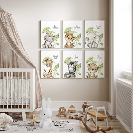 Jungle animal nursery wall art set with six watercolour animal quote prints