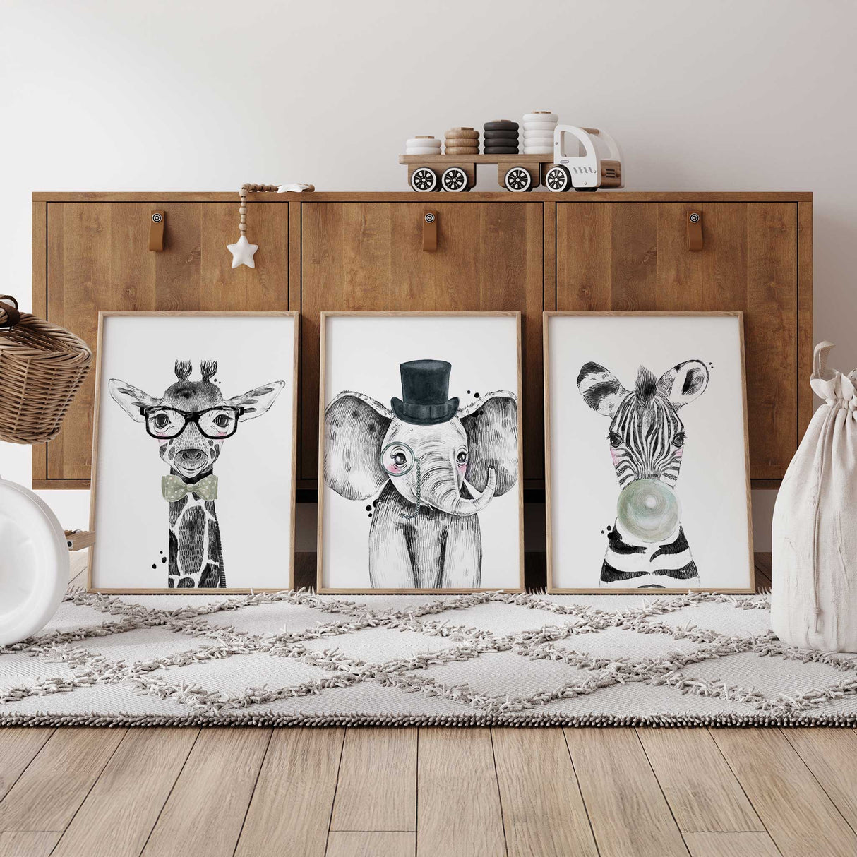 jungle animal prints featuring elephant giraffe and zebra