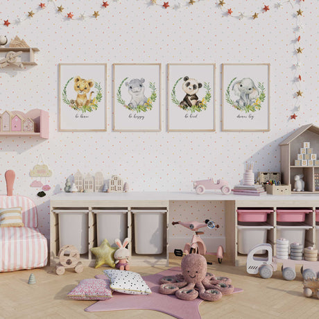 Set of 4 jungle-themed baby animal prints with greenery