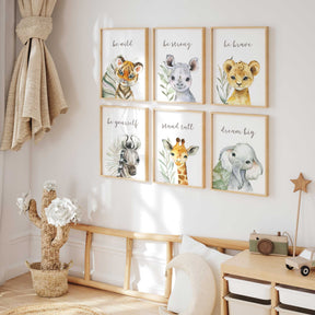 Safari nursery wall art set with positive affirmations for kids bedrooms and nurseries