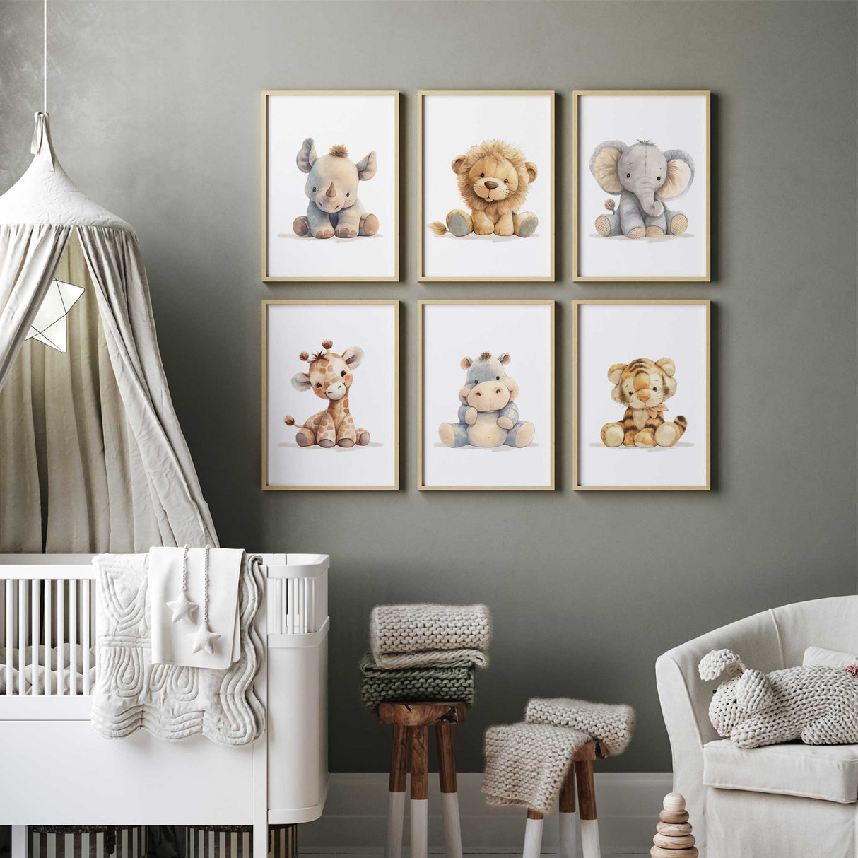 Set of 6 safari animal nursery prints featuring a lion, elephant, giraffe, zebra, monkey, and cheetah, perfect for jungle-themed baby room decor