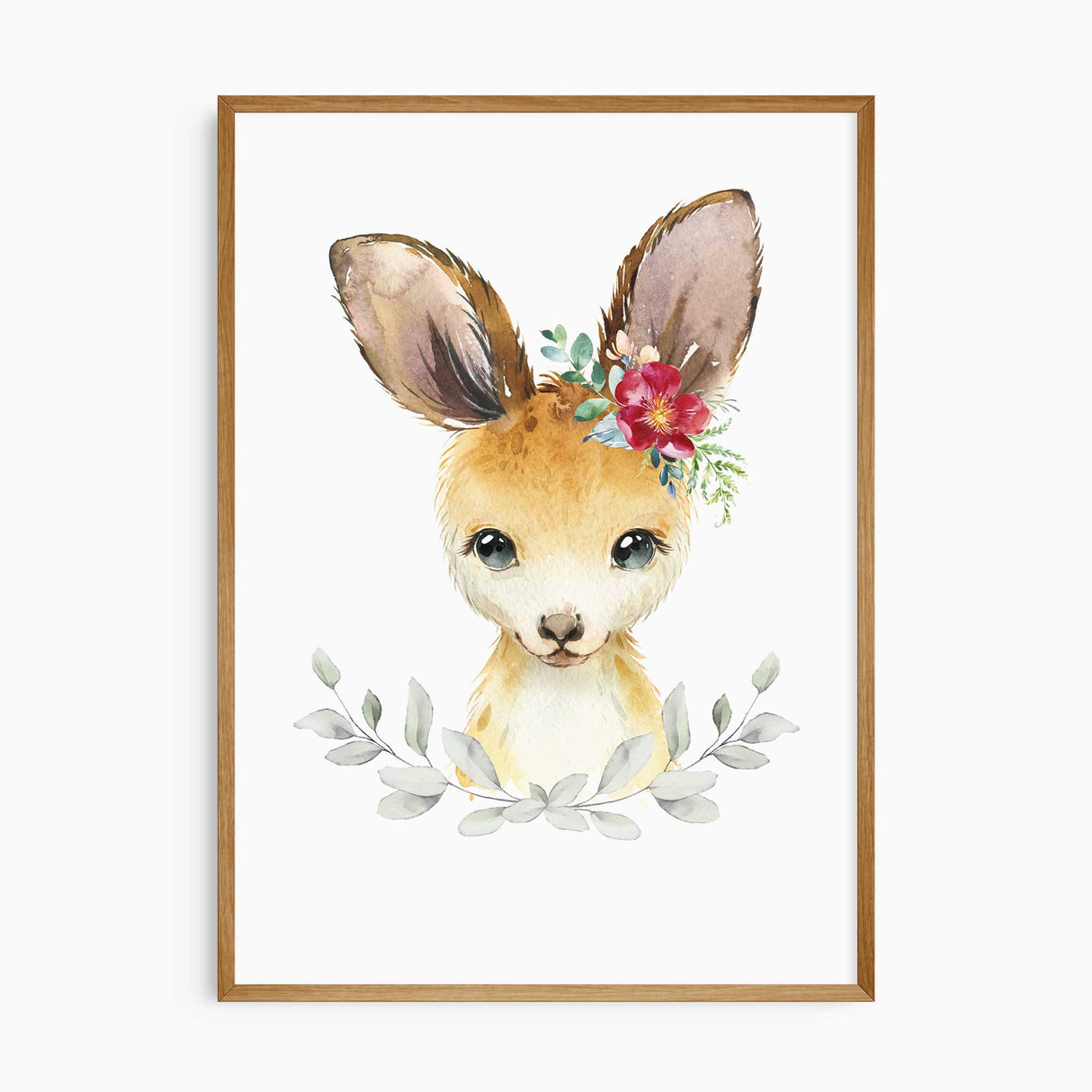 Kangaroo nursery wall art with floral crown in soft pastel tones for girls room