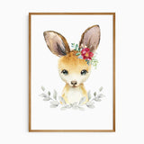 Kangaroo nursery wall art with floral crown in soft pastel tones for girls room
