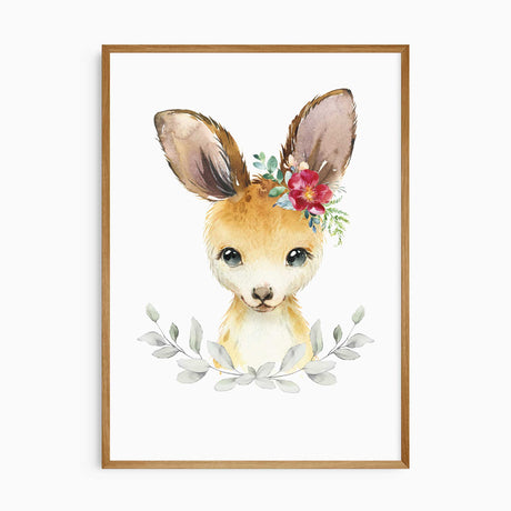 Kangaroo nursery wall art with floral crown in soft pastel tones for girls room