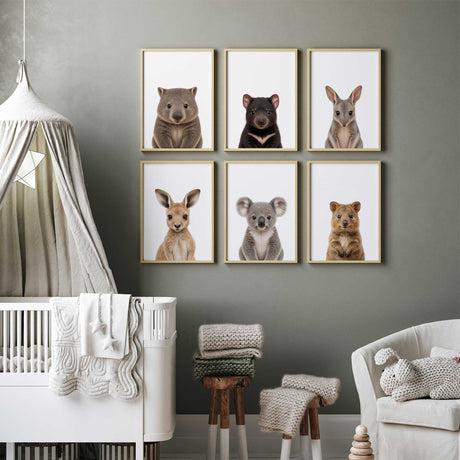 Kangaroo, koala, wombat and quokka nursery prints with matching Australian wildlife art