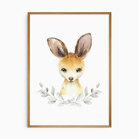 Kangaroo nursery print with botanical accents for modern kids decor