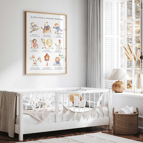 Kids affirmation nursery print featuring classic nursery rhyme characters and positive messages for children.