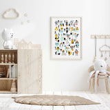 Kids alphabet animals wall art print with playful illustrated characters