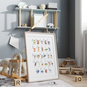 Cute ABC print with animals from alligator to zebra and pastel-colored letters for kids decor