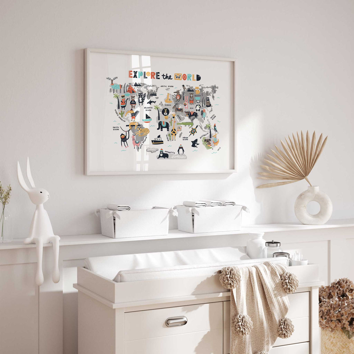 Kids poster showing a world map with cute animals, oceans and continents in a playful educational design