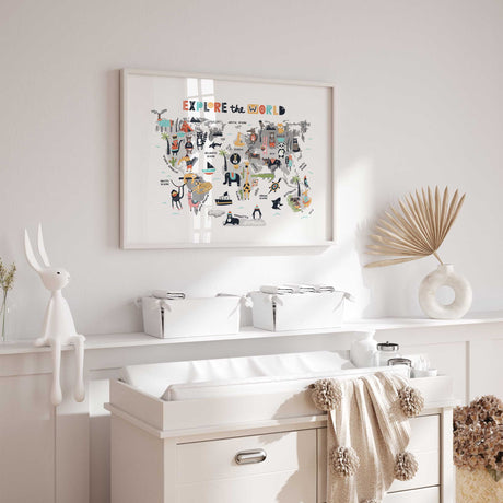 Kids poster showing a world map with cute animals, oceans and continents in a playful educational design