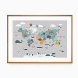 Kids' animal world map print in grey tones with illustrated wildlife and landmarks