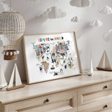 Animal themed world map wall art with labelled regions and illustrated characters for kids rooms