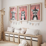 Kids bedroom circus wall art set with red striped backgrounds