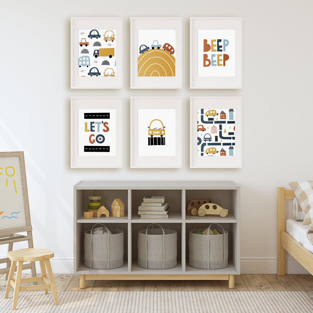 Car print set of six featuring Beep Beep and Let's Go lettering, a yellow car, patterned vehicles and road designs