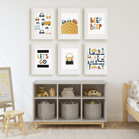 Car print set of six featuring Beep Beep and Let's Go lettering, a yellow car, patterned vehicles and road designs