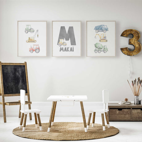 Three watercolour construction prints featuring trucks, digger, crane, tractor and rollers with personalised name and initial