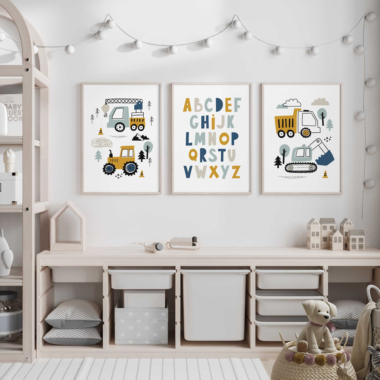 Kids construction wall art featuring digger dump truck and crane