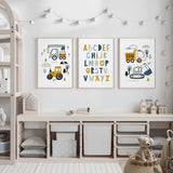 Kids construction wall art featuring digger dump truck and crane