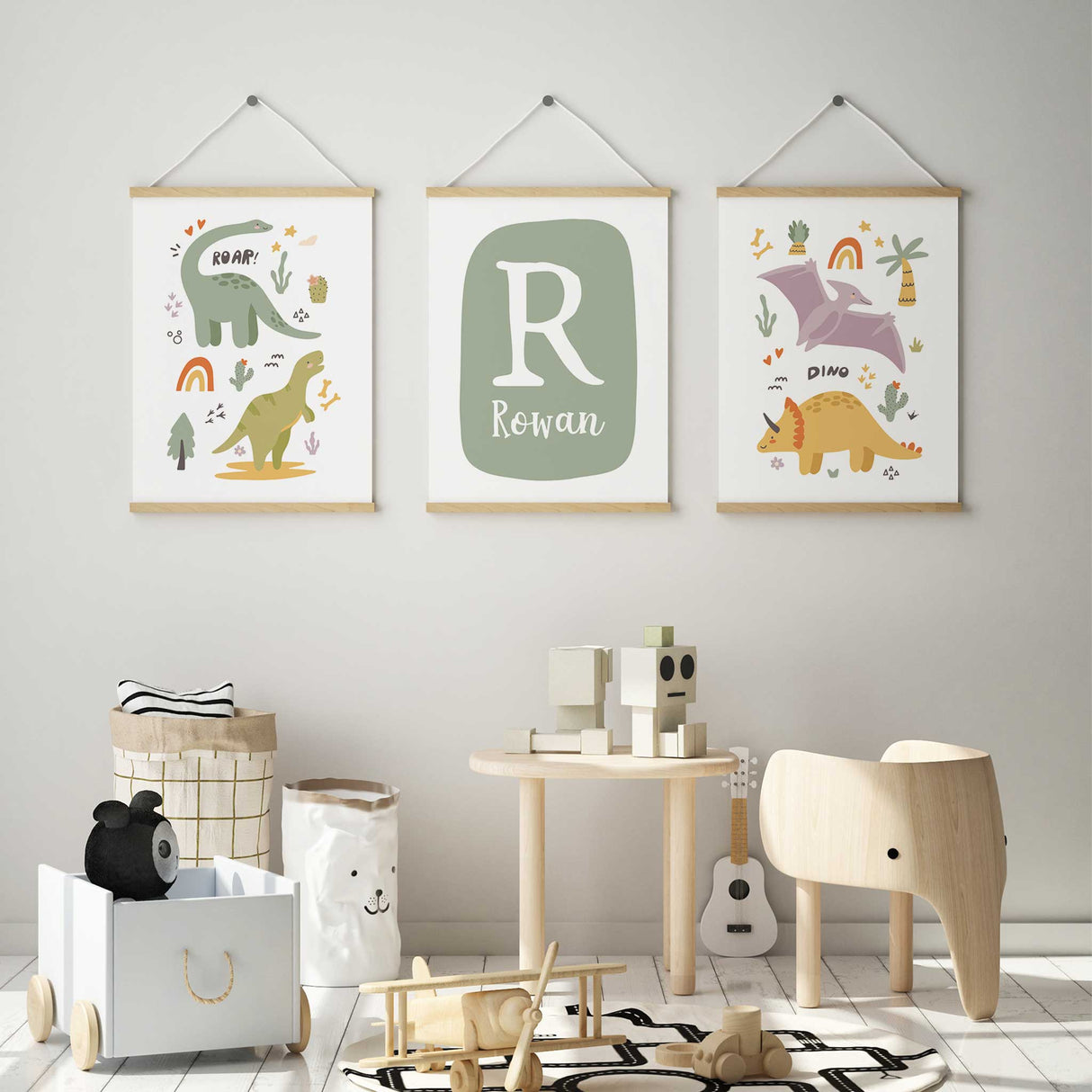 Dinosaur wall art for boys bedroom in pastel tones