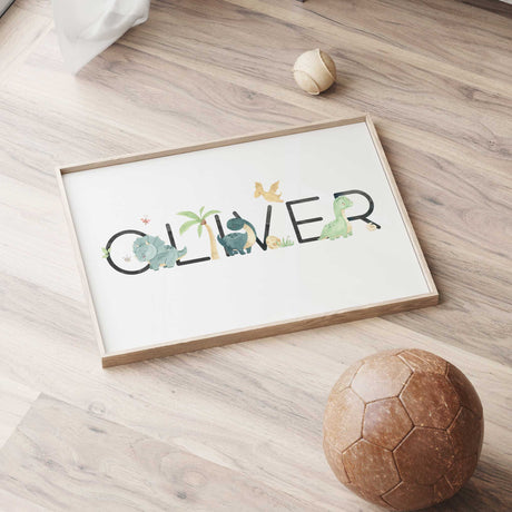 Dinosaur name artwork with illustrated dinosaurs, palm trees and small prehistoric details woven through a child’s name.