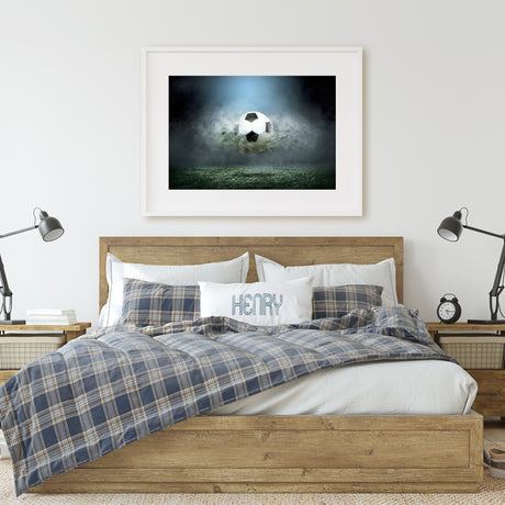 Dynamic soccer print perfect for football fans, printed in a range of sizes with custom options available on request."