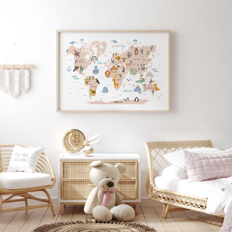 Kids geography world map print with animals and continent labels