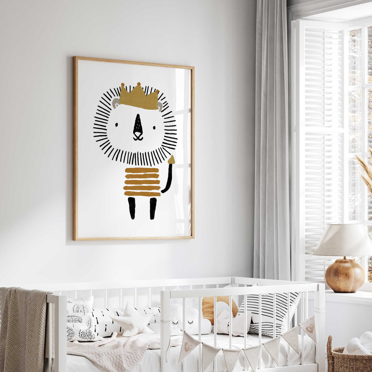 Hand illustrated lion with crown wall art for kids bedroom