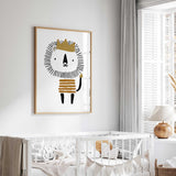 Hand illustrated lion with crown wall art for kids bedroom
