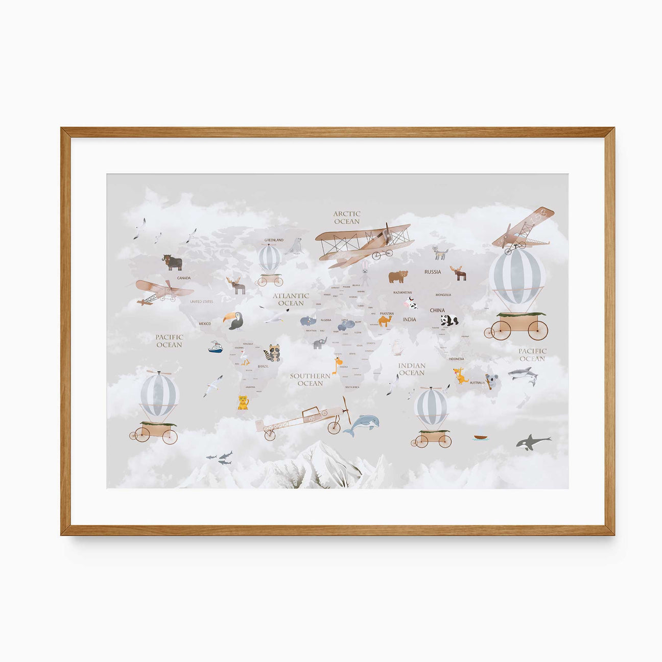 Kids world map print with animals, vintage planes, and airships nursery wall art