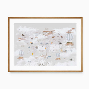 Kids world map print with animals, vintage planes, and airships nursery wall art