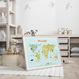 Colourful kids map wall art displayed in a wooden frame for children's bedroom decor