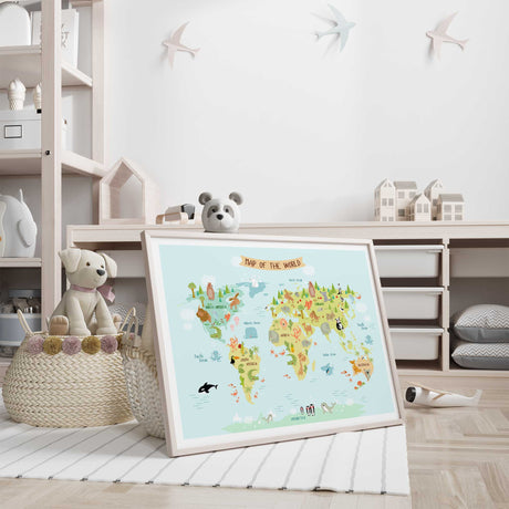 Colourful kids map wall art displayed in a wooden frame for children's bedroom decor