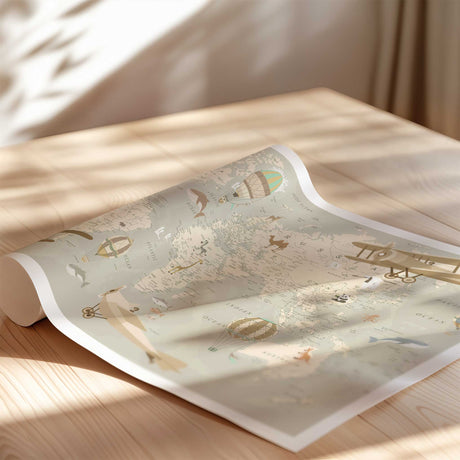 Whimsical world map print for playroom or bedroom featuring vintage travel elements.