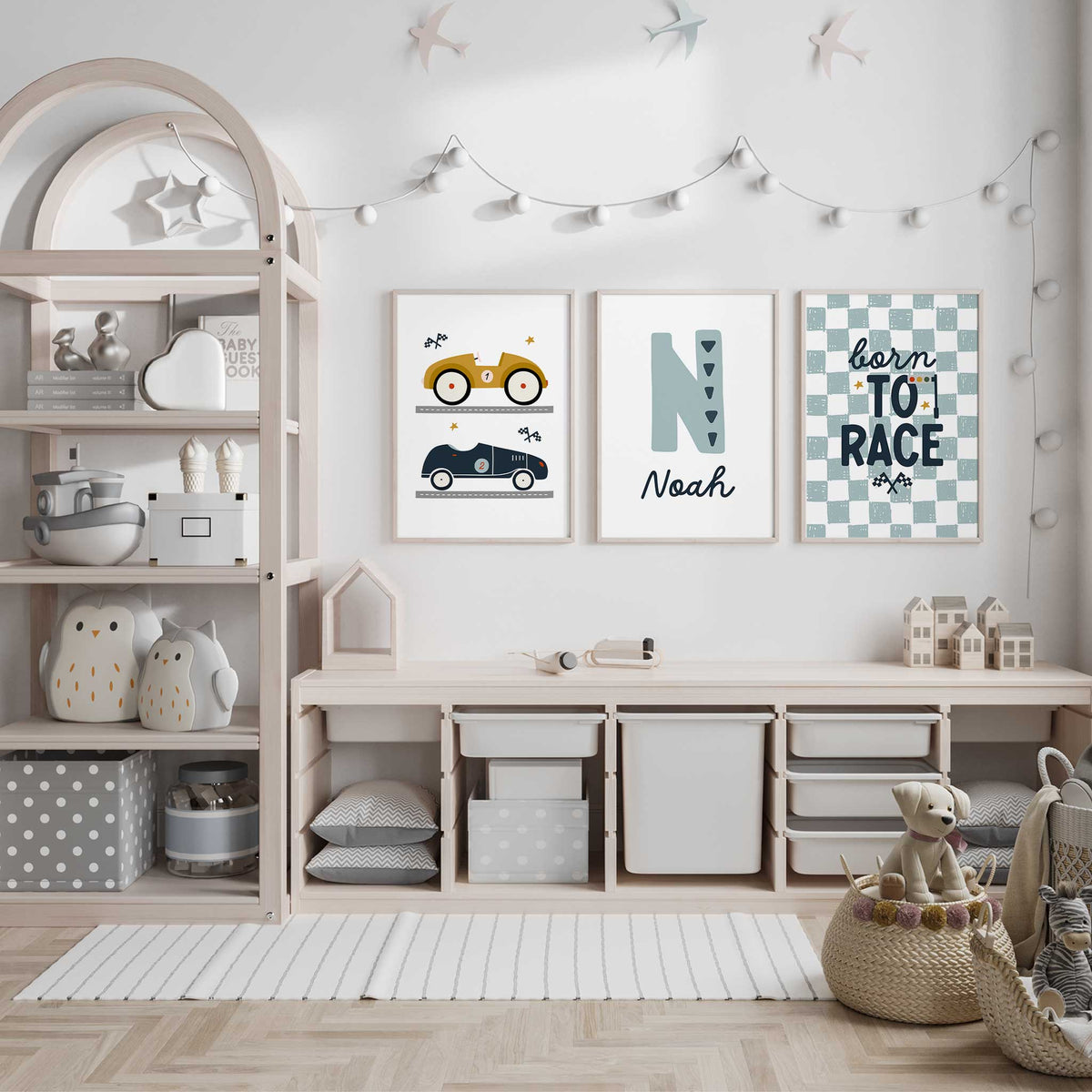 Three race car prints with mustard and navy cars, a patterned initial with name and Born to Race chequered art.
