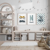 Three race car prints with mustard and navy cars, a patterned initial with name and Born to Race chequered art.