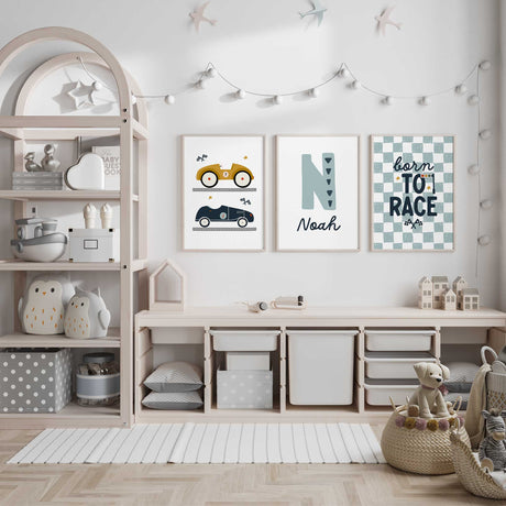 Three race car prints with mustard and navy cars, a patterned initial with name and Born to Race chequered art.