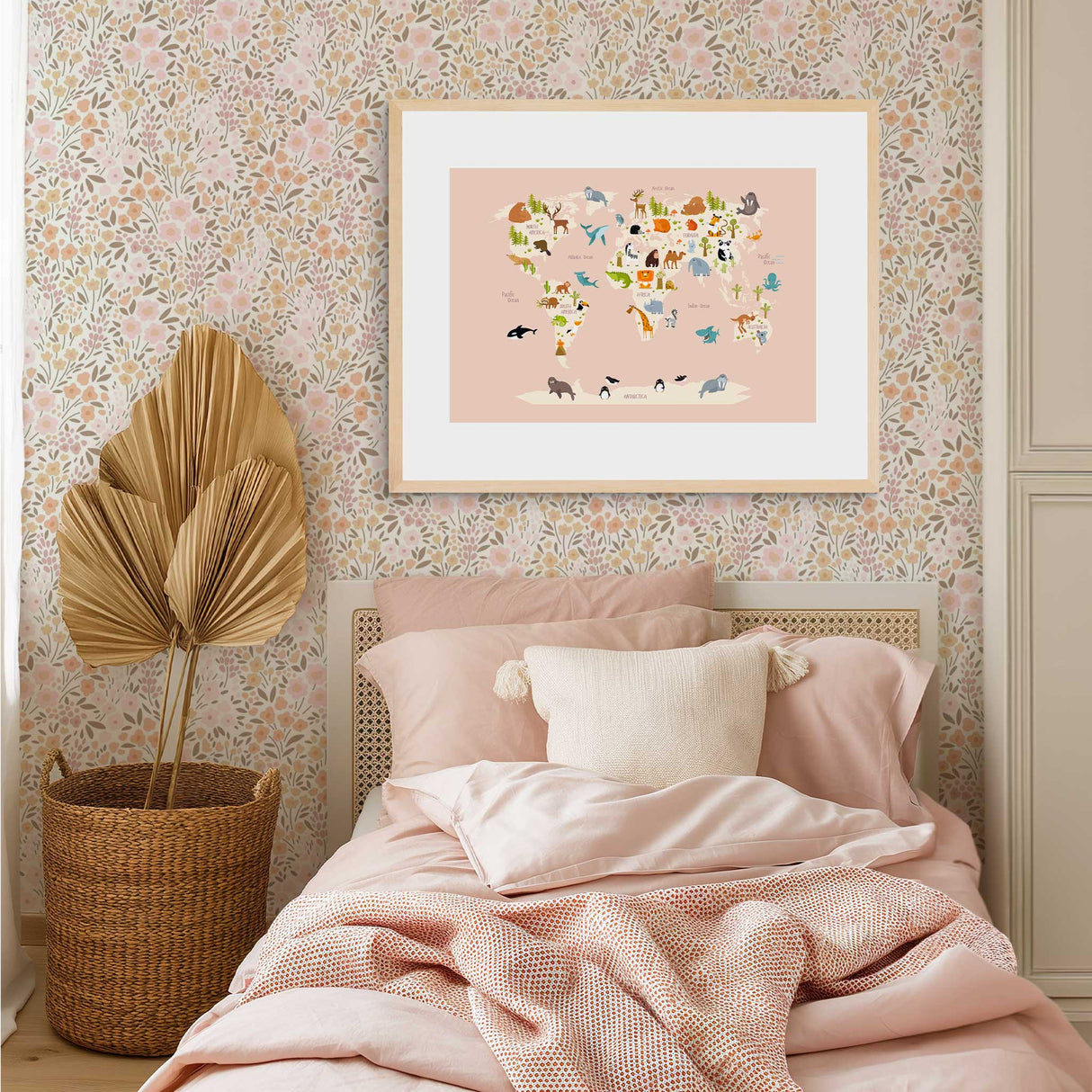 kids room animal world map artwork with detailed continents and animals