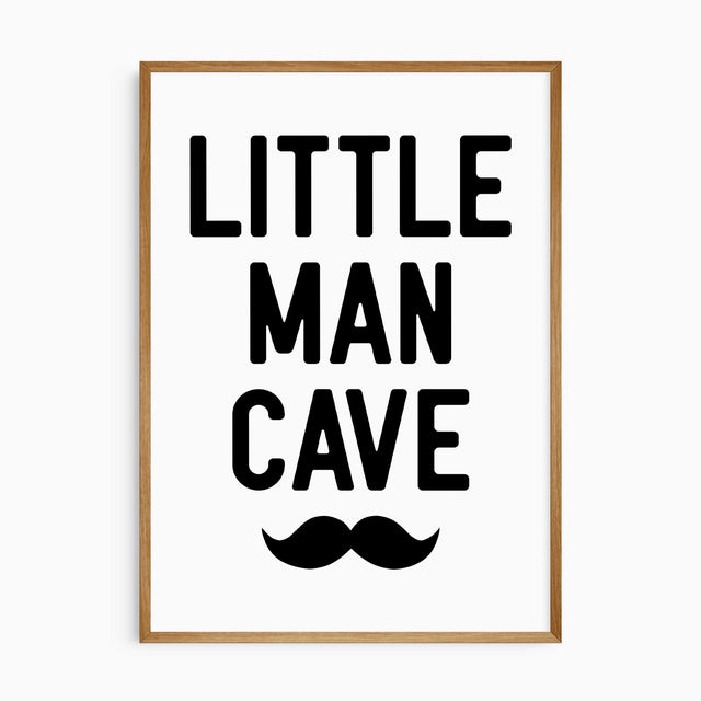 Little Man Cave nursery print with bold text and moustache graphic for boys room decor