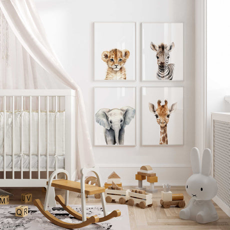 Kids' room gallery wall idea featuring framed safari animal prints for a jungle-themed bedroom.