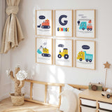 Set of playful construction truck and digger prints for kids bedroom décor with bold colours friendly faces and personalised initial option.