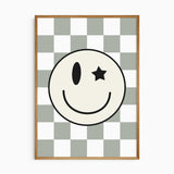 Smiley face wall art for boys room in sage green and neutral tones