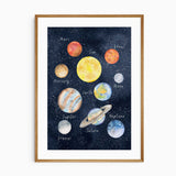 Solar system wall art for kids with labelled planets in watercolour style