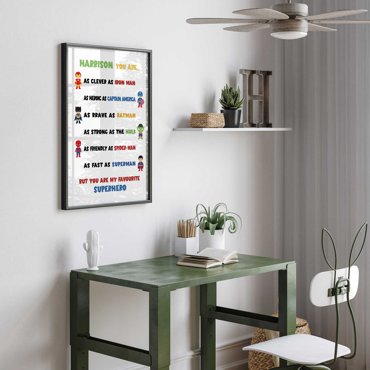 Kids superhero wall art personalised with a child’s name and playful superhero illustrations