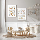 Kids transport learning prints showing alphabet vehicles and counting illustrations.