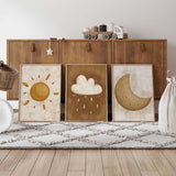 Gender-neutral nursery wall art prints with modern sun, moon, and cloud illustrations.